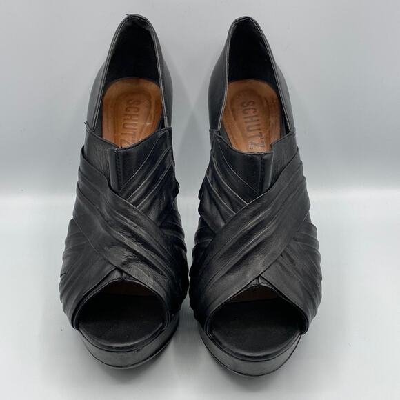 Schutz Women Black Leather Pleated Peep Toe Stiletto Platform Heeled Booties 10B - Picture 4 of 9